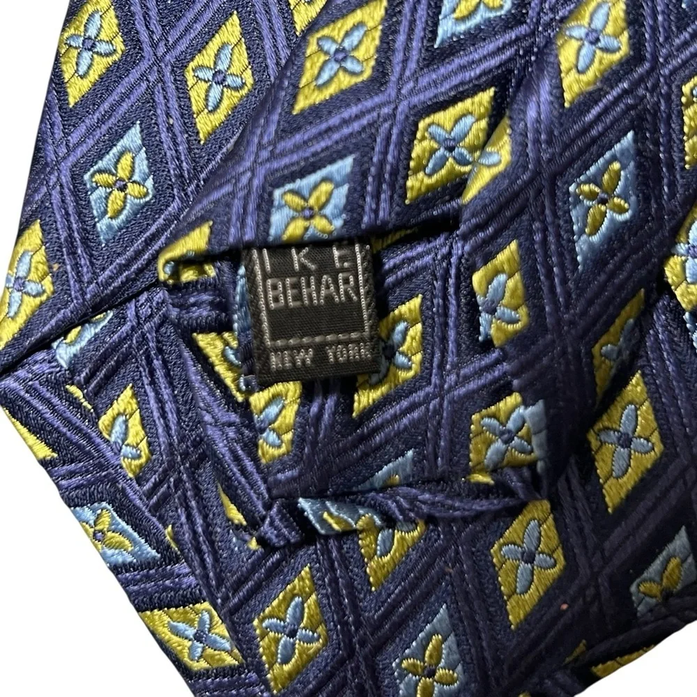 Ike Behar blue and yellow diamond print 100% silk hand tailored in USA tie